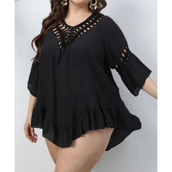 New Black Crochet Short Beach Swim Coverup - Picture 4 of 16